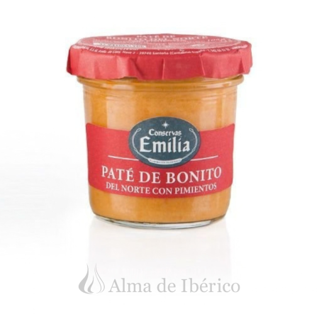Tarro de Paté de bonito con pimiento del piquillo Emilia, 105 g, sobre fondo blanco con logo Alma de Ibérico