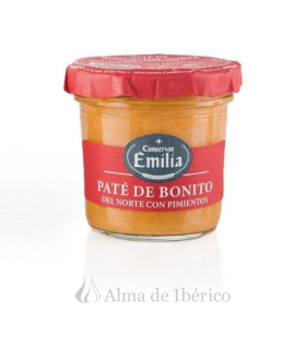 Tarro de Paté de bonito con pimiento del piquillo Emilia, 105 g, sobre fondo blanco con logo Alma de Ibérico