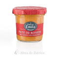 Tarro de Paté de bonito con pimiento del piquillo Emilia, 105 g, sobre fondo blanco con logo Alma de Ibérico